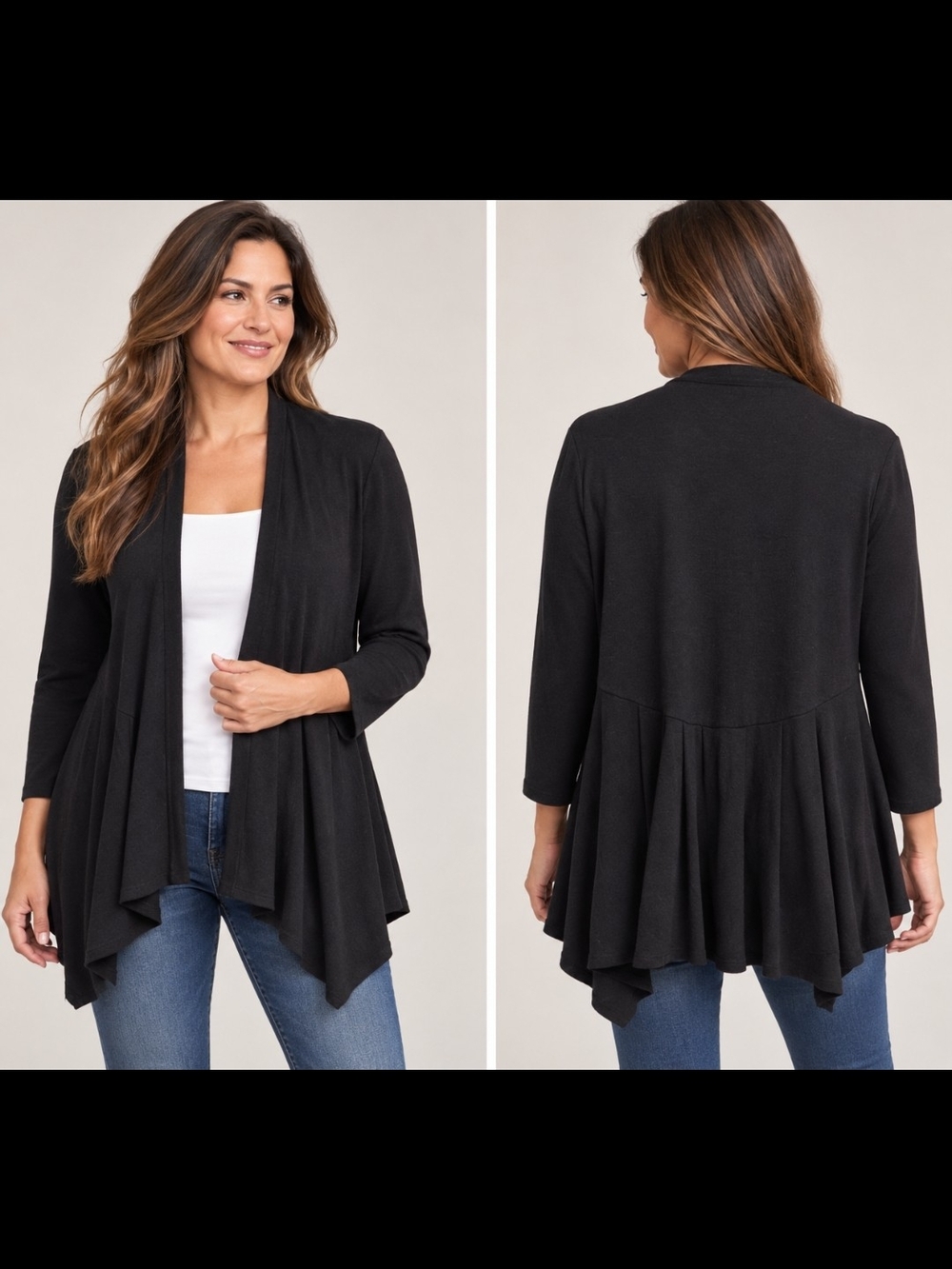 Black Ruffled Open-Front Women's Cardigan